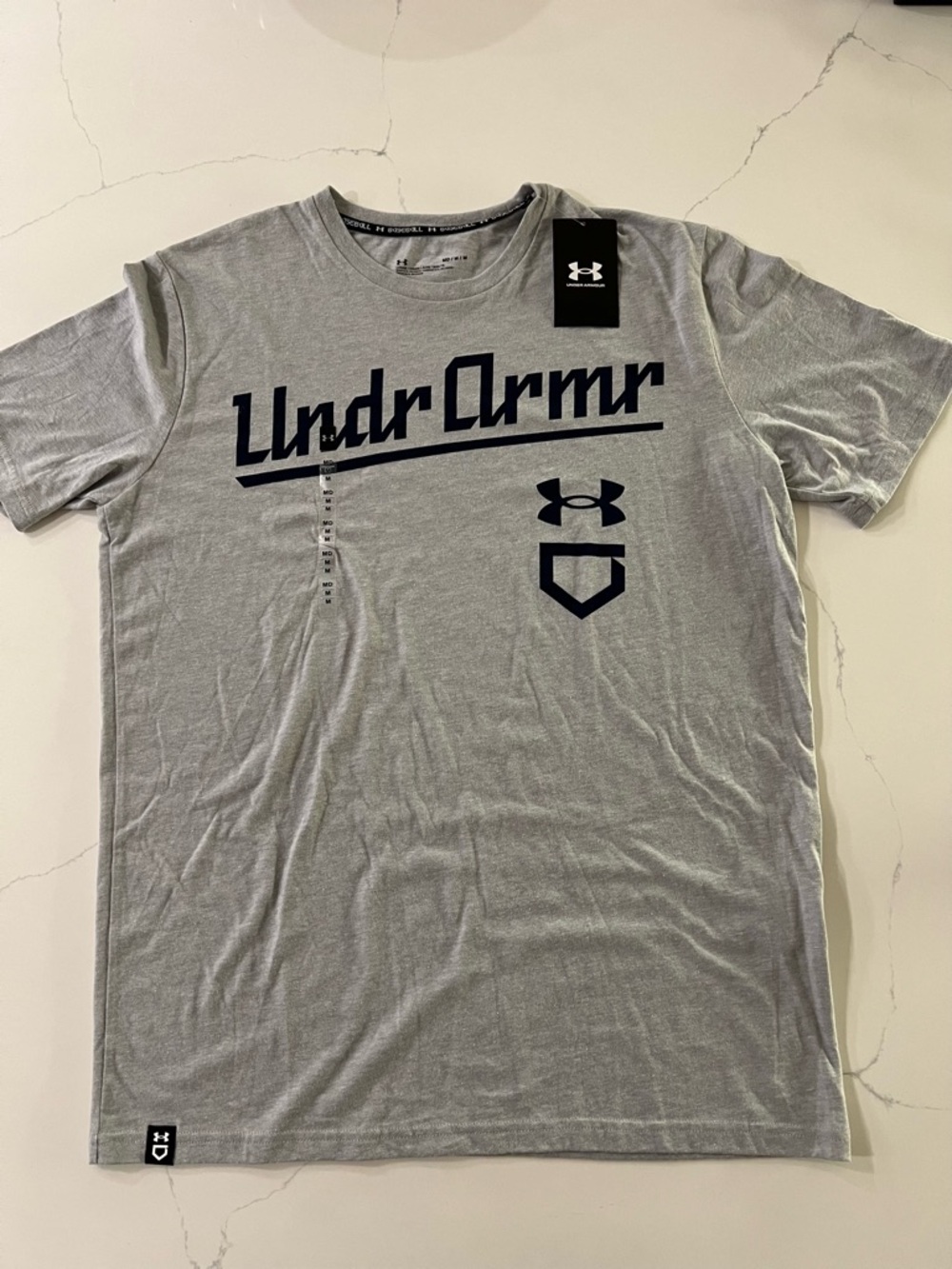 Under Armour Shirt Mens Medium Gray UA Baseball Script Loose Fit Graphic Tee